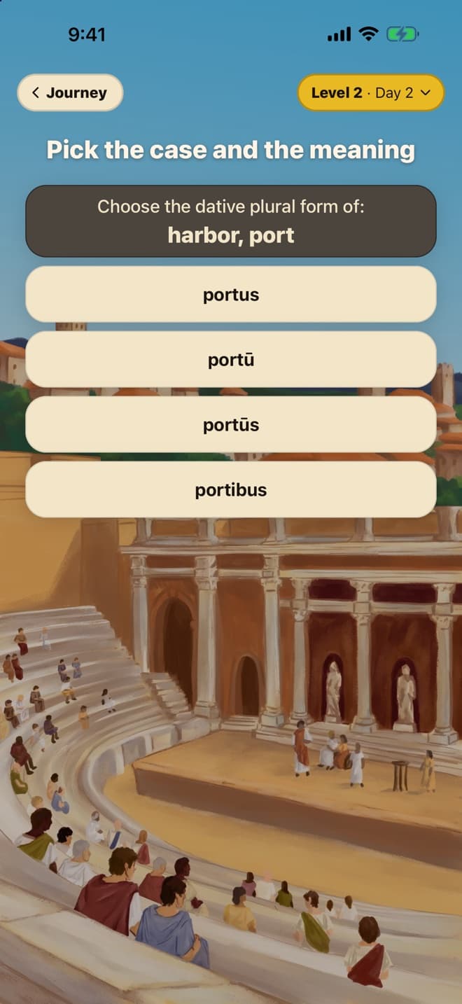 A case challenge: choose the dative plural form of portus, harbor