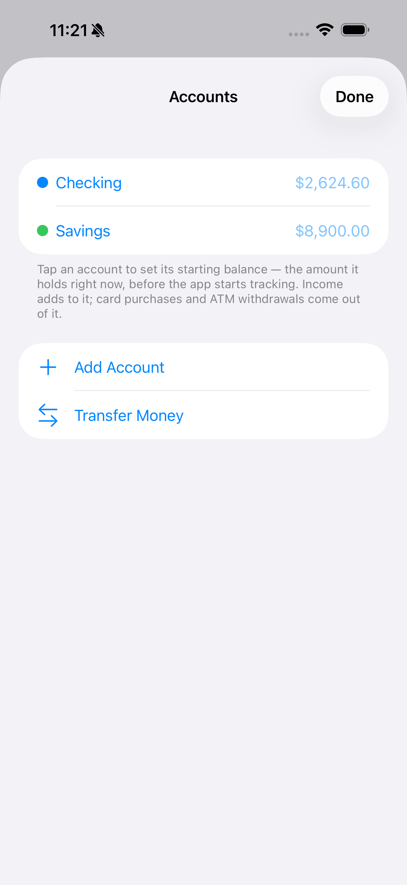 Accounts: checking, savings and wallet cash balances