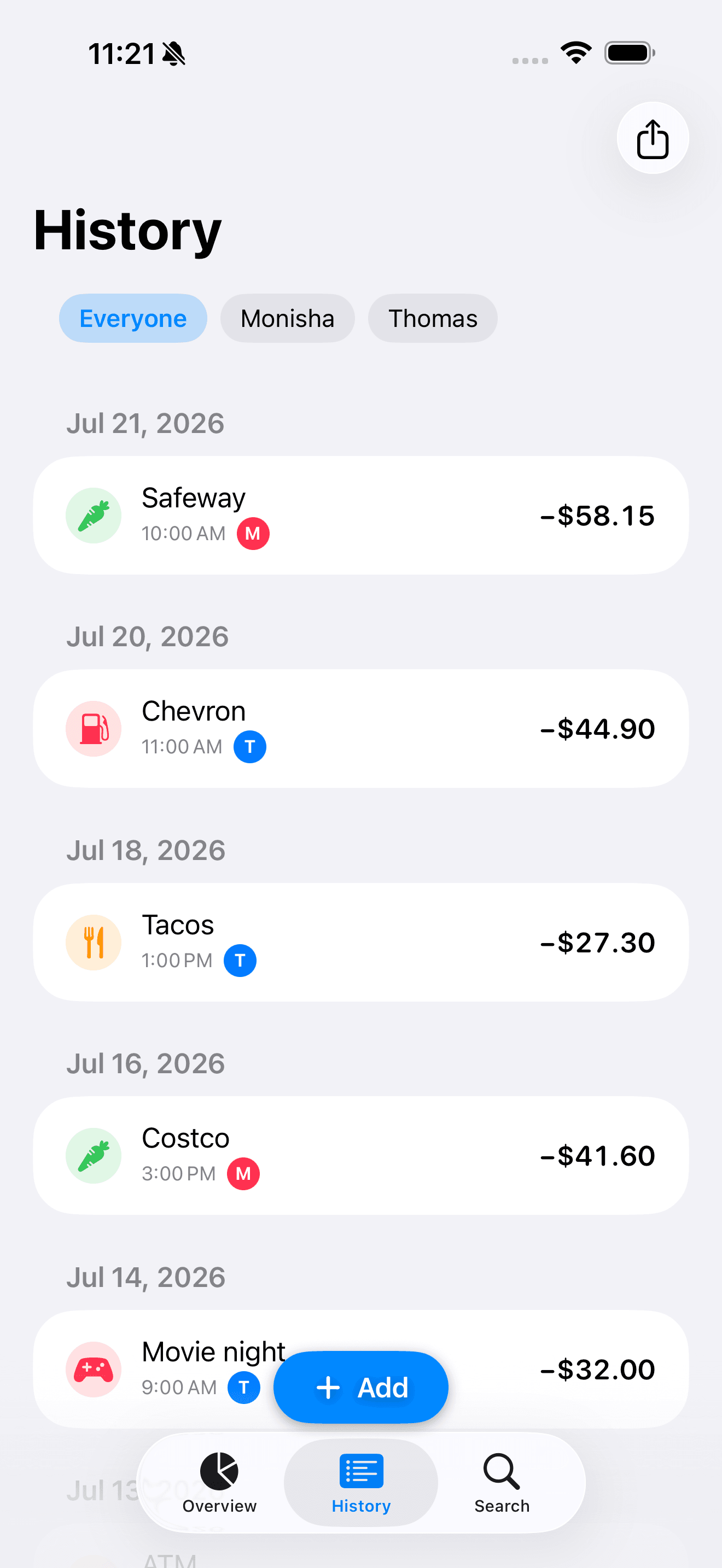 History screen listing recent transactions