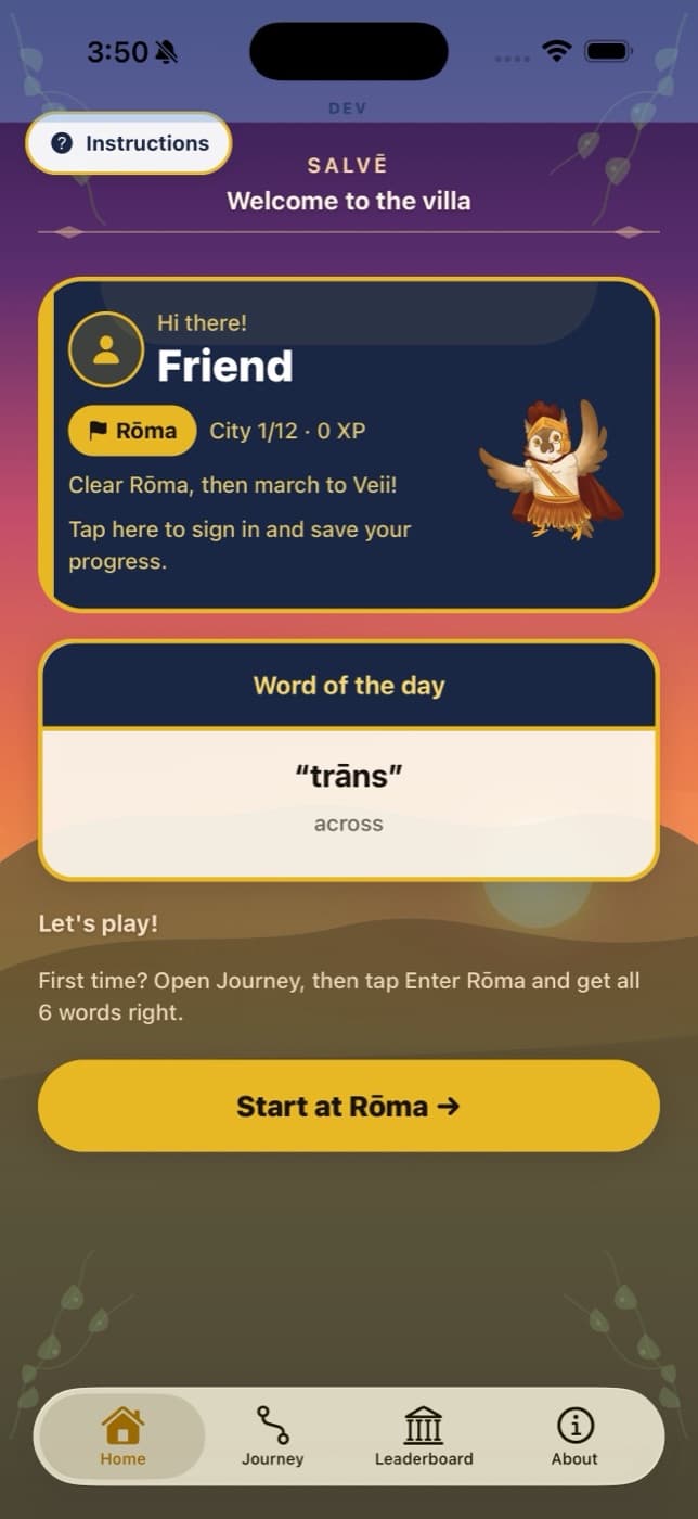 Home screen: your legionary, current city, XP, and the word of the day
