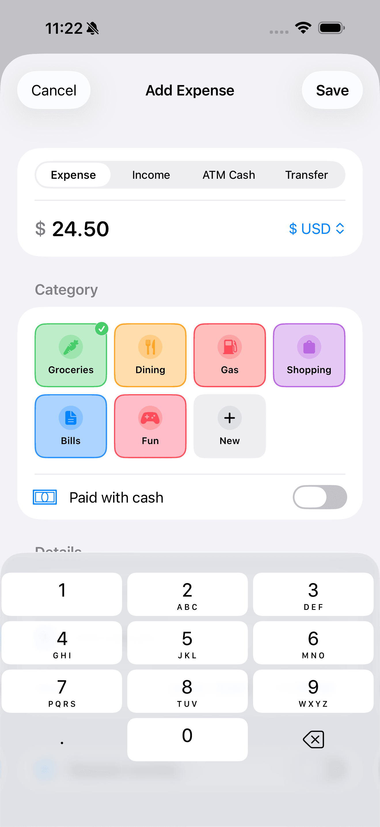 Logging an expense: amount keypad and colored category buttons