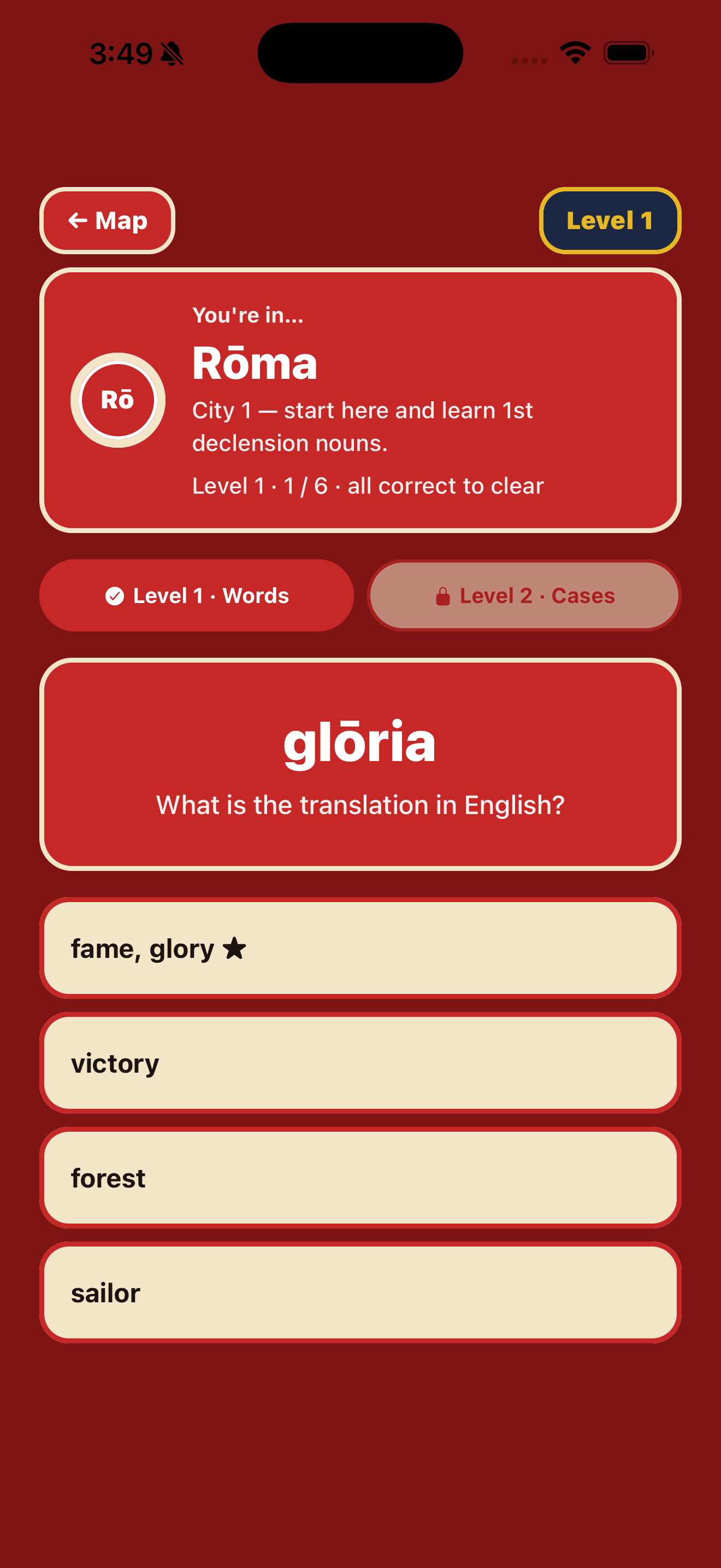 A vocabulary card asking for the English translation of glōria