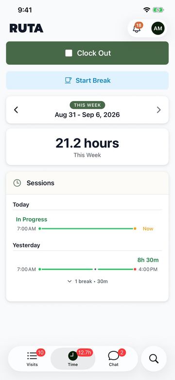 Ruta’s crew app, the time clock with the hours worked this week