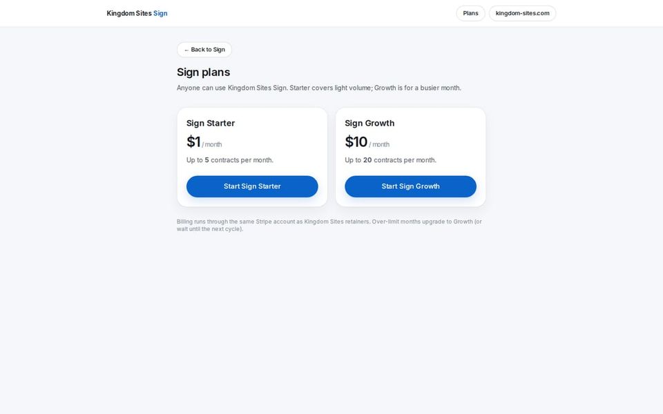 Sign’s plans page: Sign Starter and Sign Growth