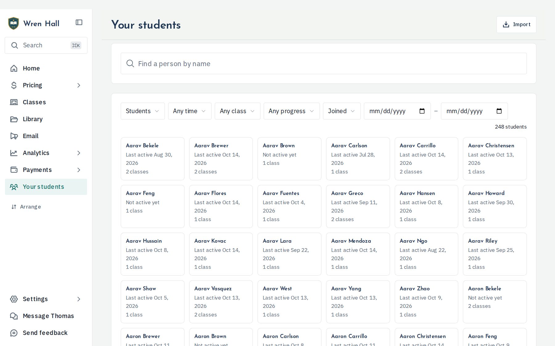 Farzana Classroom, a demo school’s student list, with search and filters