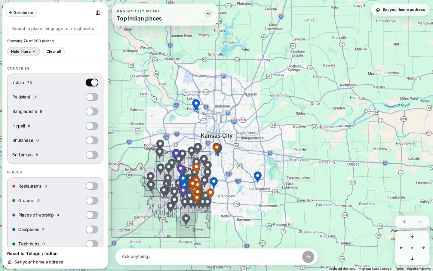 KCUPG’s South Asia map of Kansas City: Indian places pinned across the metro, with filters by country and kind of place, and an Ask anything bar